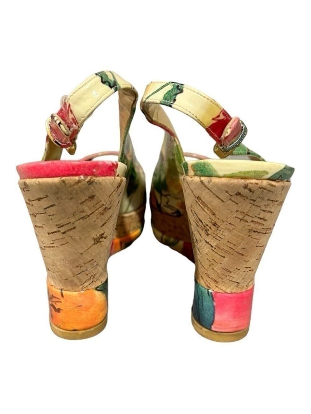 Stuart Weitzman Colorful Floral Peep Toe Wedges Cork Platform Slingback VGC 8.5 - Picture 7 of 12
